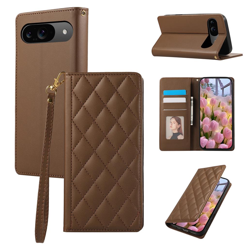 Für Google Pixel 9/9 Pro Hülle RFID-Blockierendes Wallet Ständer Rauten Leder Handyhülle mit Handschlaufe