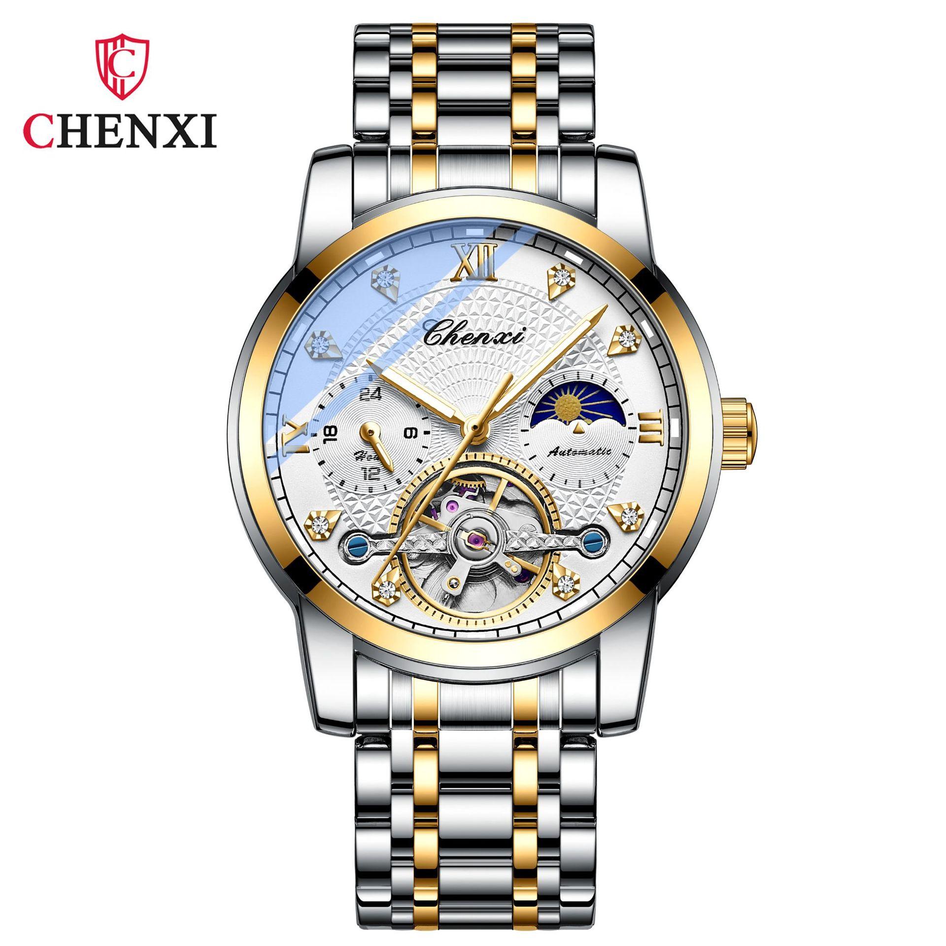 

Новые роскошные мужские часы TOP Brand с коробкой, мужские часы с полым маховиком, солнцем, луной, звездами, водонепроницаемые, со стальным ремешком, автоматические мужские механические часы