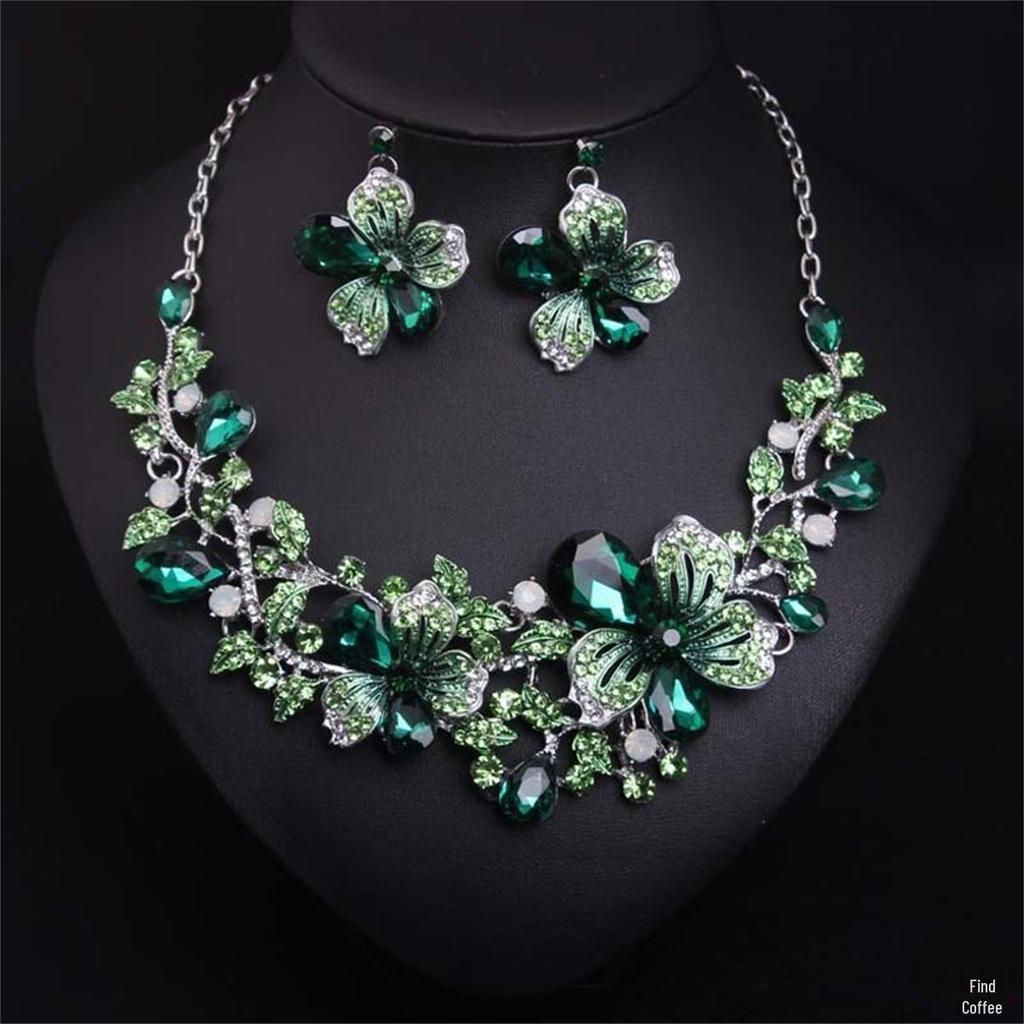 European & American Floral Necklace & Earring Set: Colorful Crystal Gemstone Jewelry for Evening Dresses & Bridal Banquets