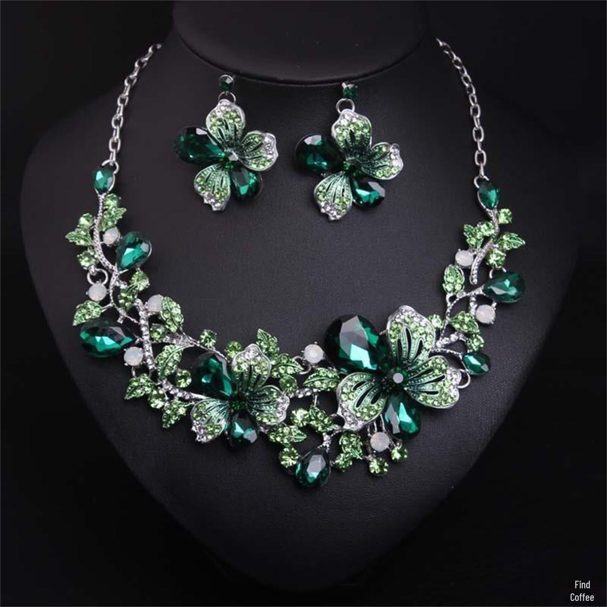 

Европейский и американский цветочный набор ожерелье и серьги: Красочные украшения из кристаллов и драгоценных камней для вечерних платьев и свадебных банкетов зелёный
