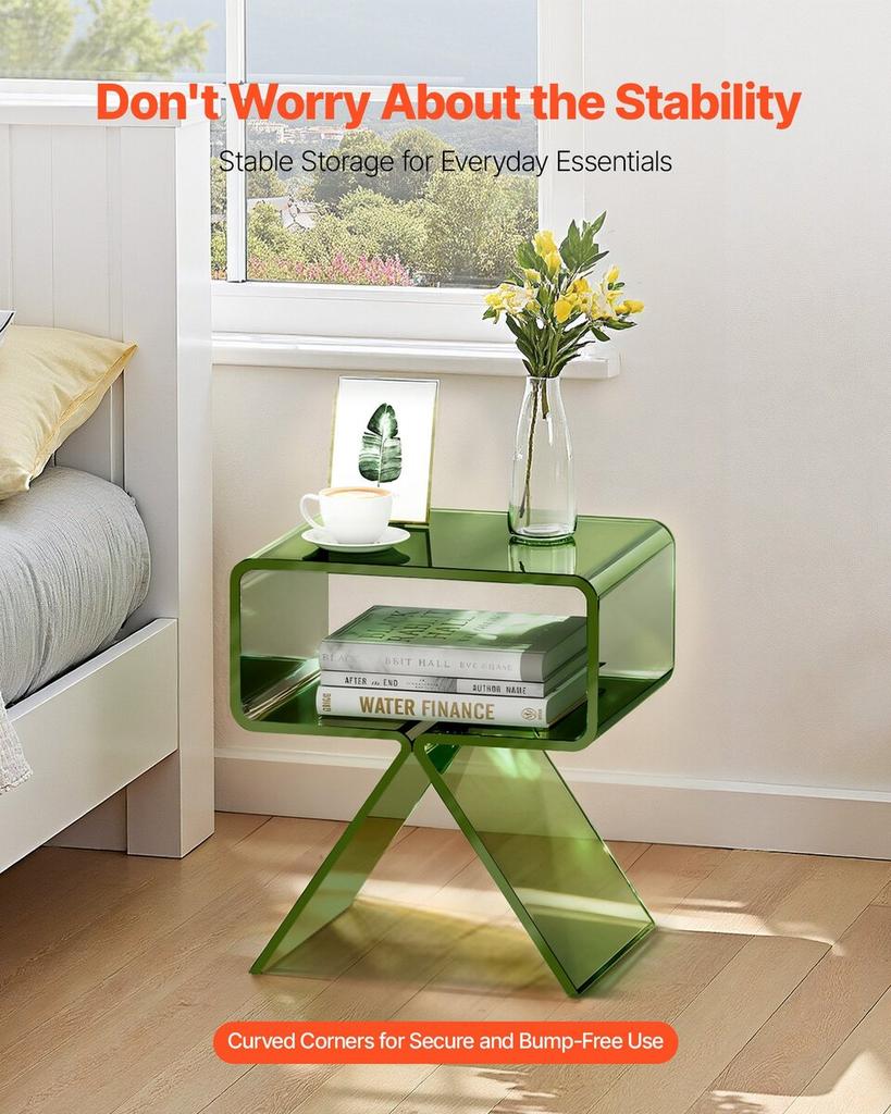 Acrylic Nightstand Side Table, Modern Clear Bedside Table with Storage Shelf, Transparent Small End Desk for Living Room, Bedroom, Home Decor, No