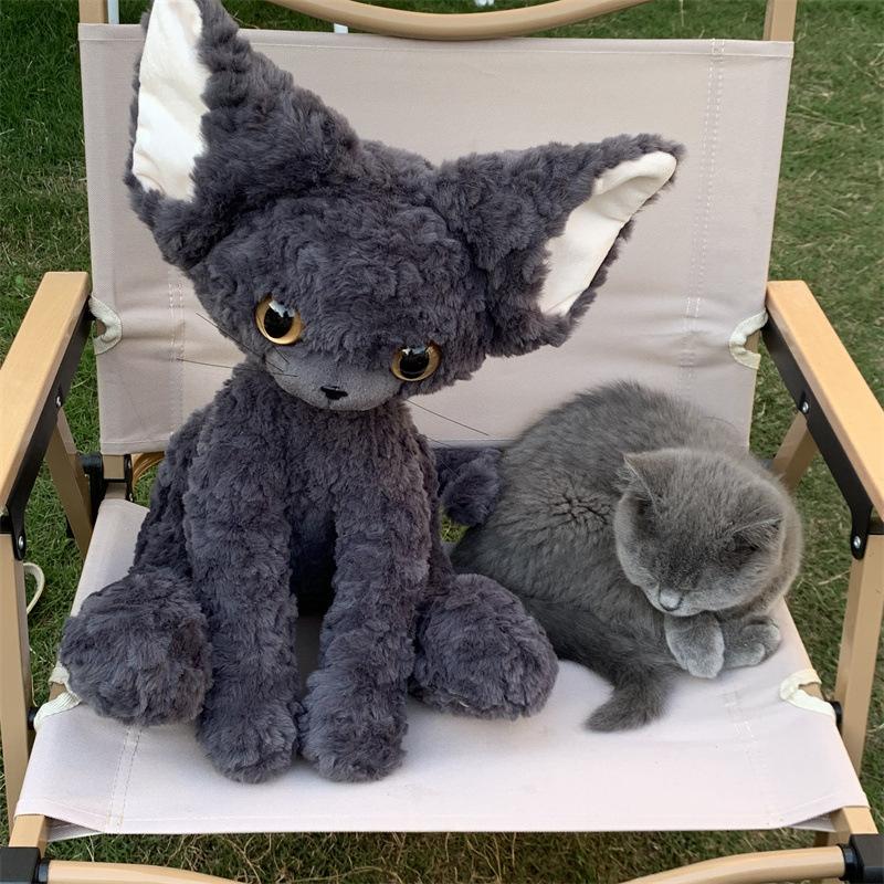 Cute Black Cat Plush Toy Throw Pillow Khaki Curly KUKI Black Cat Long Hair Doll Stuffed Animals Festive Gifts for Kids Birthday