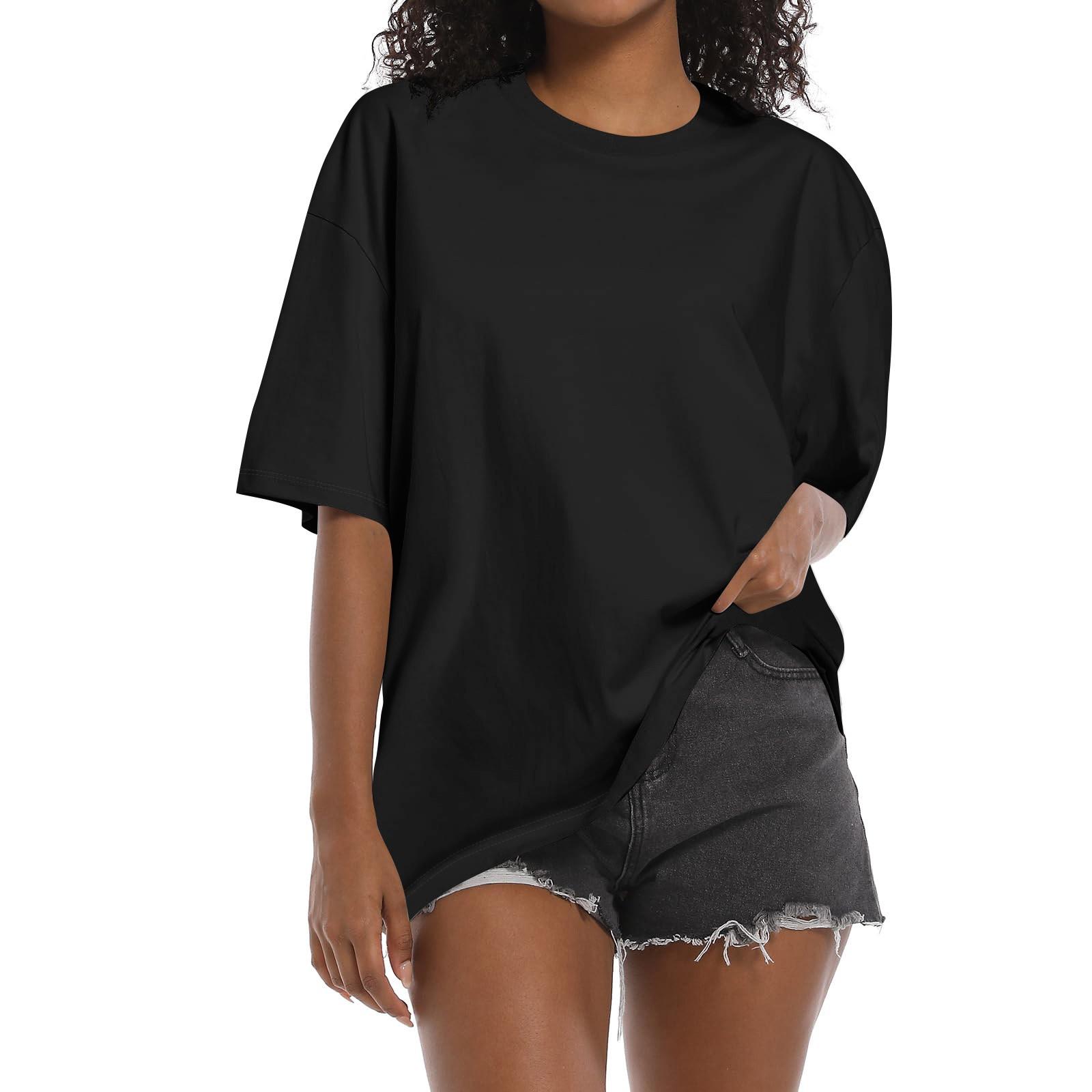 

Рубашка для женщин, модная повседневная свободная однотонная футболка с короткими рукавами и круглым вырезом, женский топ M чёрный