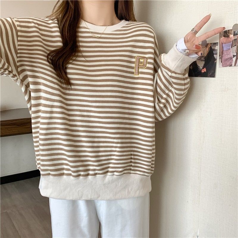 Long Sleeve Striped Hoodie Women Loose Casual Lazy Style Top