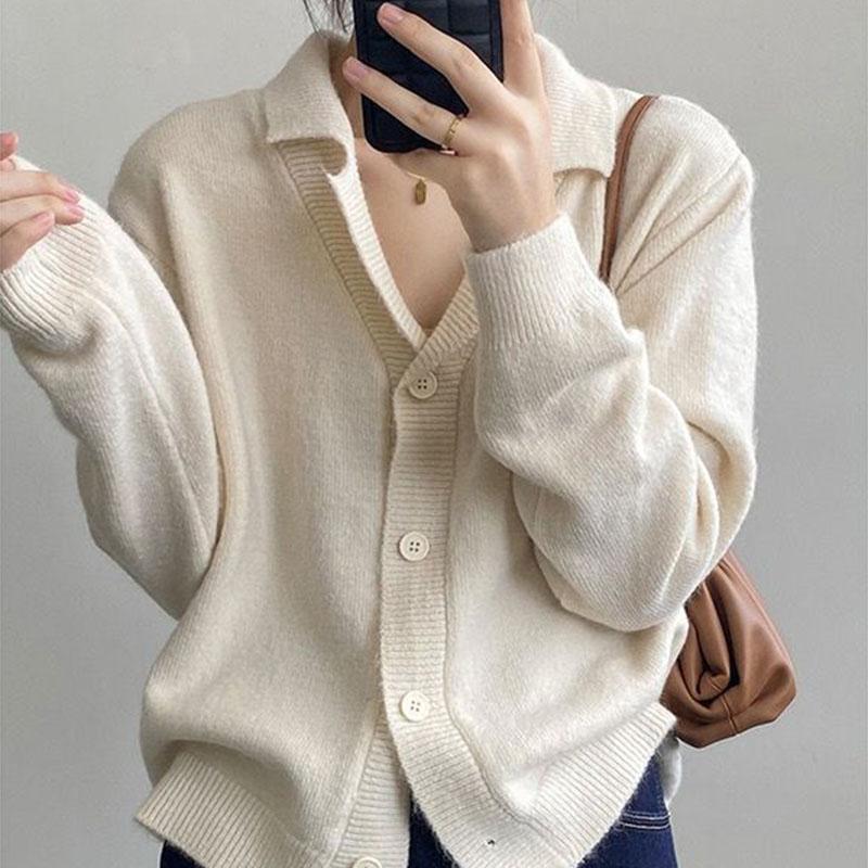 

Свободный свитер с лацканом трикотажный кардиган для женщин весна и осень вестернизированный твердый универсальный нишевый свитер кардиган женский