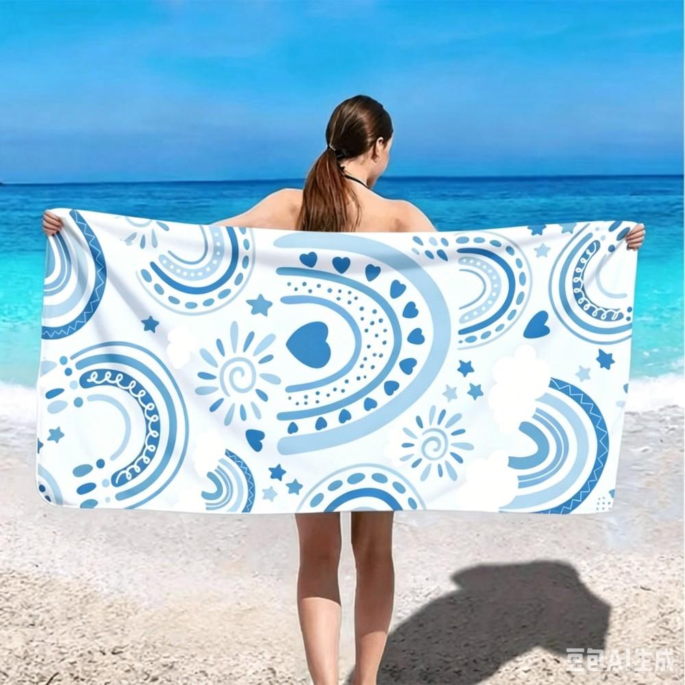 Boho Rainbow Print Beach Towel Bohemian Sun and Cloud Pattern Quick Dry for Summer