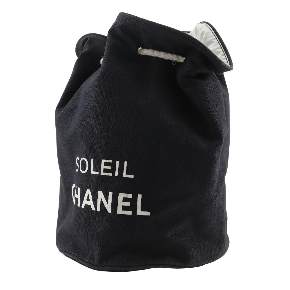 Chanel Mini Pool Bag Shoulder Bag Logo Drawstring Black Cotton Women Used