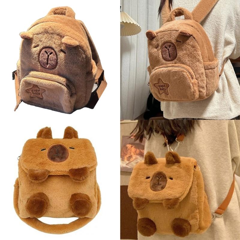 Cartoon Plush Capybara Animal Backpack for Teens Multiple Pockets Student School Bag Zippered Crossbody Shoulder Bag