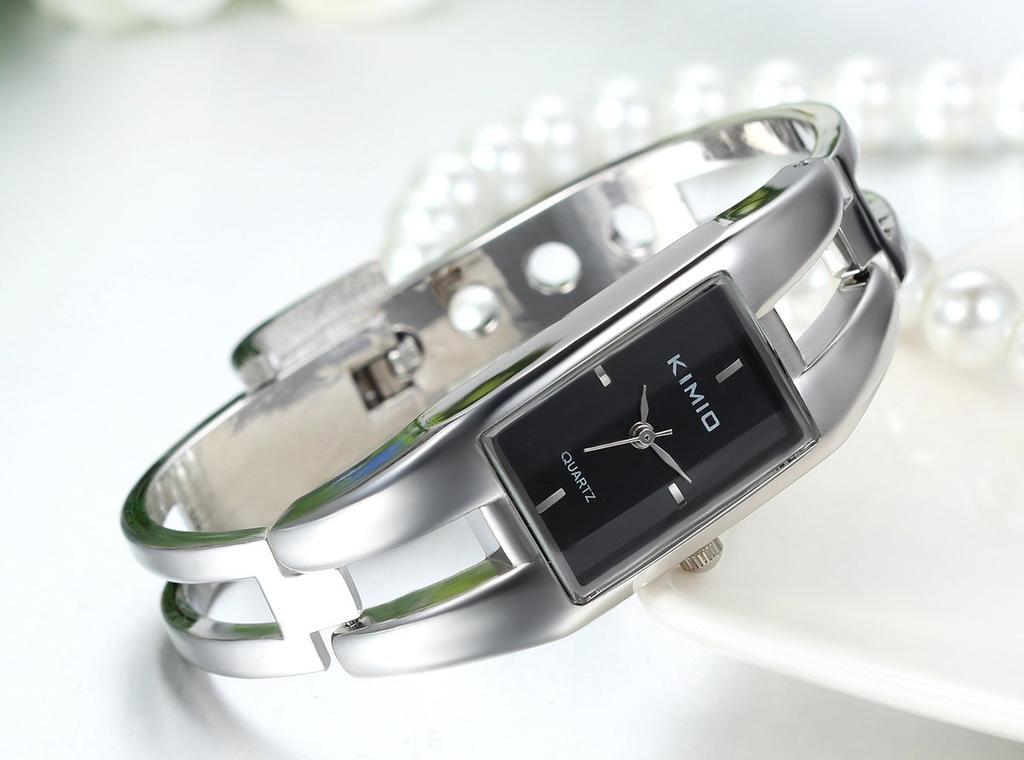 Women's Square Face Stainless Steel Bracelet Watch, Simple, Waterproof, Cute, Silver-Black