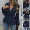 Women Tops V Neck Long Sleeve Slimming Blouse Waist Tight Ruffle Trim Hem Solid Color Shirt Tops Daily Wear