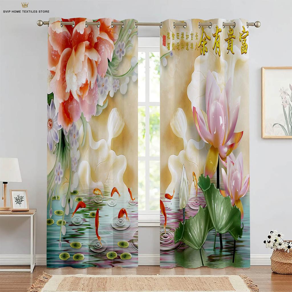2pcs Butterfly 3D Stereo Flower Printing Curtain Rod Pocket Bedroom Living Room Kitchen Decorative Curtain Easy To Wash and Care