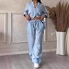 2024 Women's Solid Color Long-Sleeve Shirt & Wide-Leg Pants Set