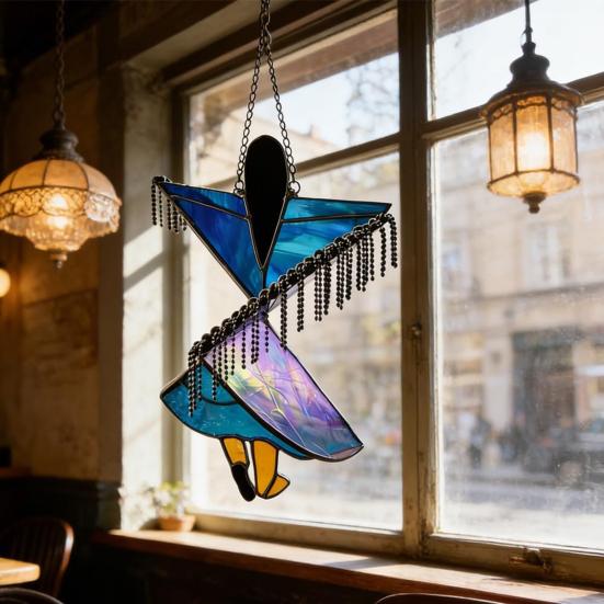 Bohemian Handgefertigter Tänzer Windspiel Buntglas-Stil Hängender Spinner Farbiger Acryl Sonnenfänger für Innen Außen Fenster Terrasse Garten Dekoration