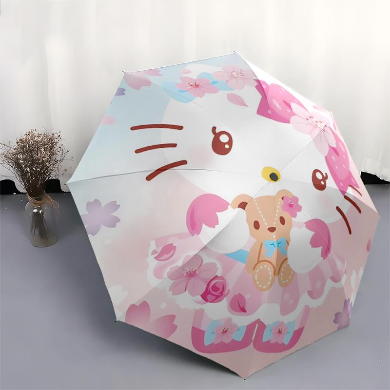 1 Stück Sanrio Hello Kitty & Blumenmuster Automatischer Regenschirm ist Modisch und Gut Aussehend, ein Tragbarer 3-Fach-Regenschirm, Geeignet für Reisen und den Alltag