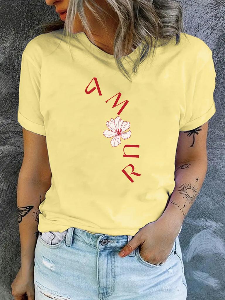 Women'S Casual Round-Neck T-Shirt with Stylish Letter Print for Spring and Summer