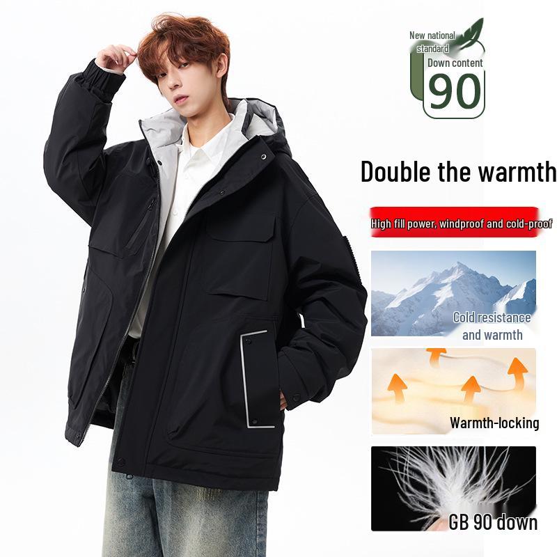 Men's Waterproof Cold-Resistant Down Jacket - 90% White Duck Down, Winter Casual Thickened Workwear, Trendy Design