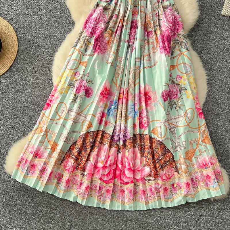 Léto Francie Elegantní Vintage Designové Ženy Potisk Tlačítko Plisované Tenké Dlouhé Společenské šaty Dámské Ležérní Elegantní Sváteční oblečení Nové