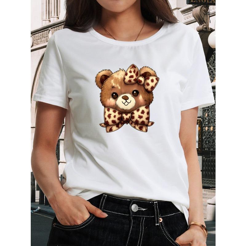 Women Cartoon Bear Print T-Shirt Leopard Bow Star Crew Neck Spring Summer Autumn Machine-Washable Top