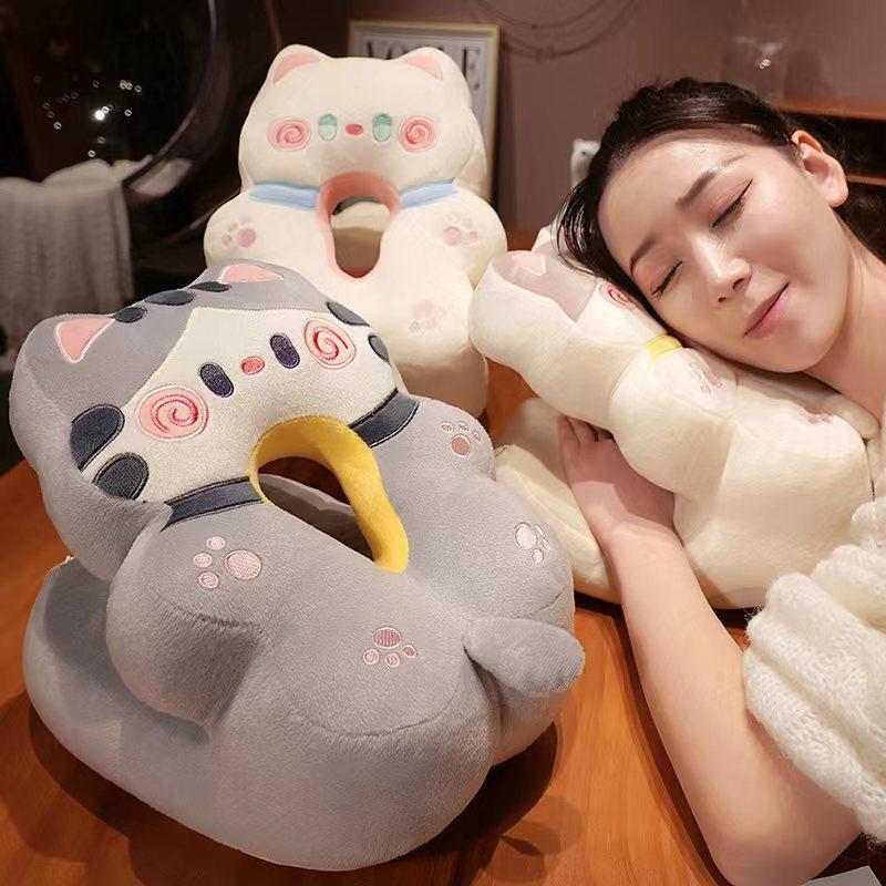 Cute Cat Nap Pillow Ice Silk Plush Throw Pillow Cuddle Cat Office Table Nap Artifact Waist Backrest Female