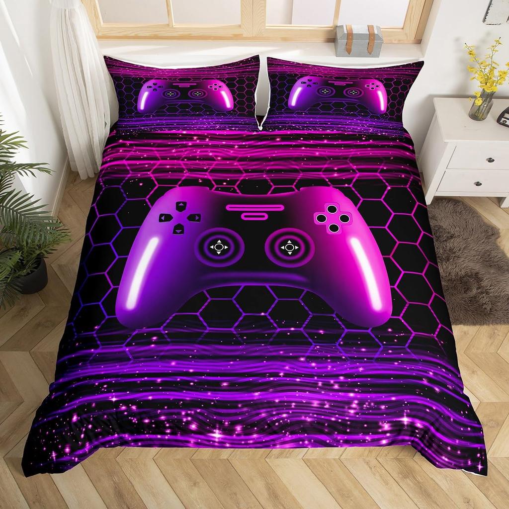 Comforter Gamer Bedding Set Gaming For Kids Teens Men Game Console Bed Set Geometry Stripes Honeycomb Hexagon Comforter