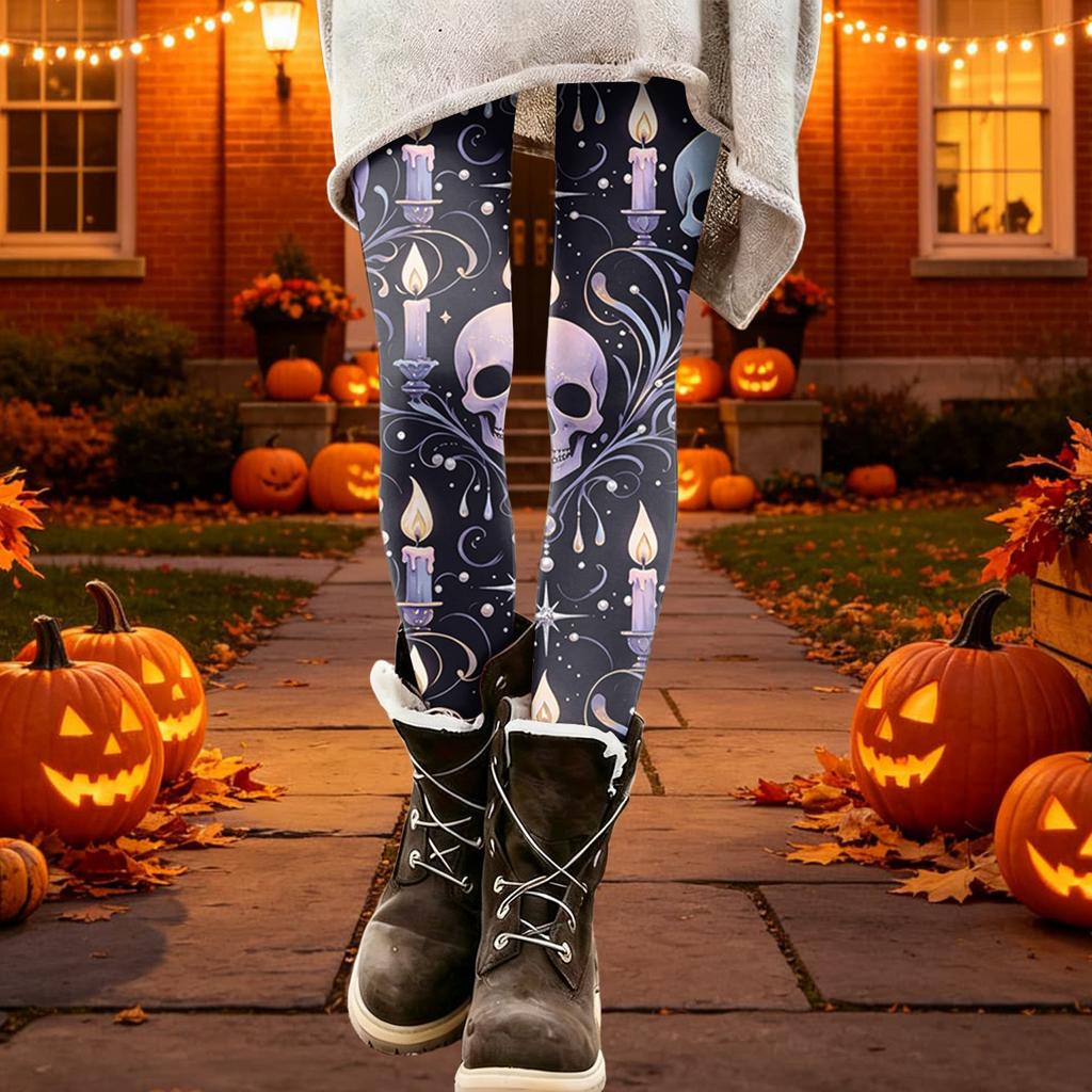 Women's Halloween Printed Stretchy Leggings Pants for Cozy Casual Home Wear