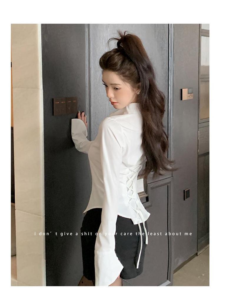 Spicy Girl Women's Slim Fit White Shirt - Chic, Waist-Cinching, Long Sleeve Cardigan for Spring and Autumn.