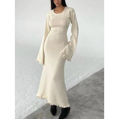 Vestido de malha feminino manga comprida amarrar costas nuas gola redonda cor sólida babados acabamento vestidos casuais da moda