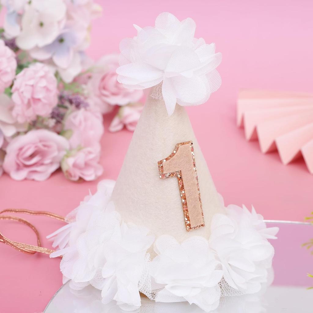 White Flower 1st Birthday Hat - First Birthday Decorations For Girls,Felt Cone Party Hat Photo Props,1st Birthday Hat With White Gauze Flowers,Little