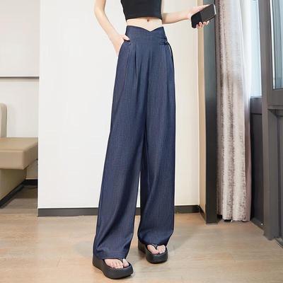 Women's New Chinese Style High-Waist Wide-Leg Pants with Frog Buttons