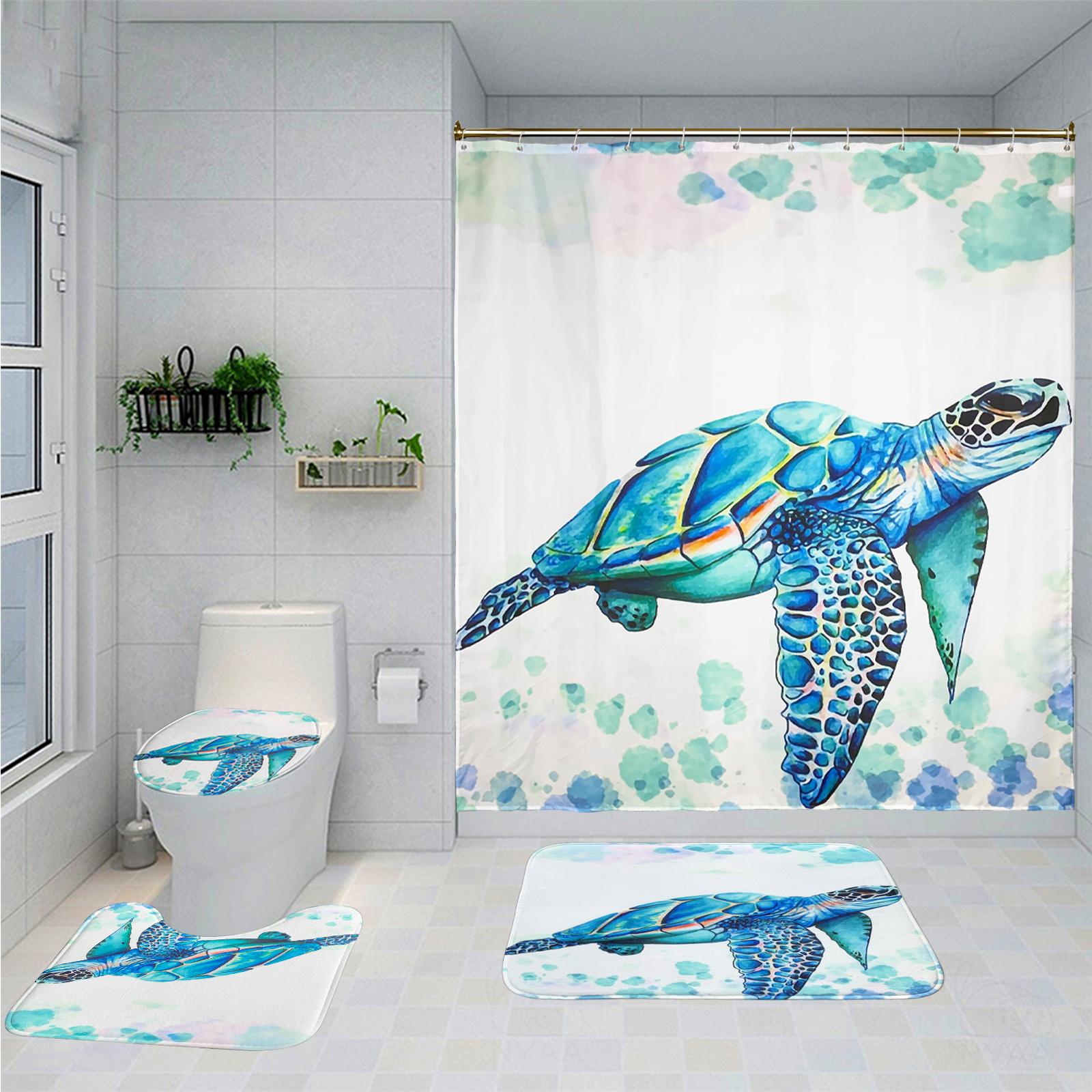 Set De Baño De 4 Piezas Animal Marino (Tortuga): Alfombra Antideslizante + Tapa Inodoro + Cortina De Ducha 180x180cm - Deco Hogar