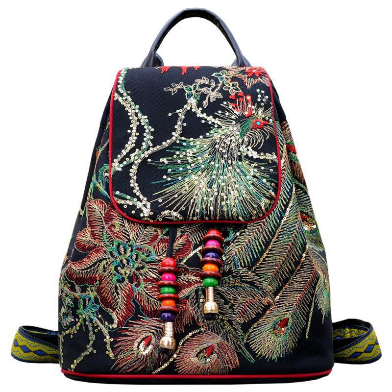 Peacock Sequins Embroidered Women's Canvas Backpacks Ladies Floral Rucksacks Woman Small School Back Bag Bagpack 2025 Gift New