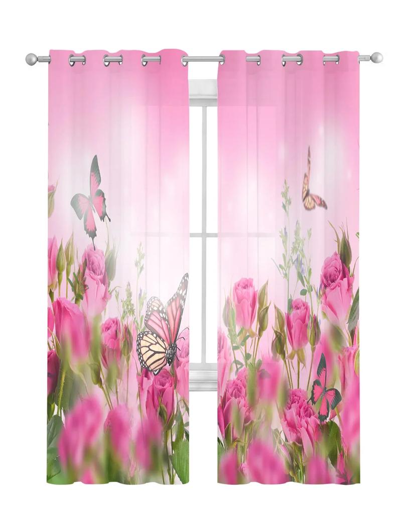 Flowers Butterfly Rose Tulle Sheer Curtains for Living Room Decoration Window Curtain for Bedroom Kitchen Voile Organza Drapes