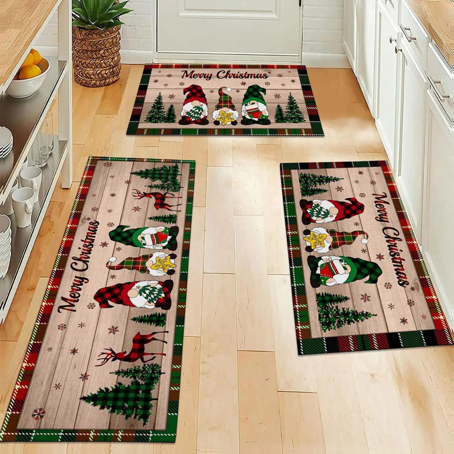 

VIKAMA 1/3 pieces Christmas Happy Kitchen Carpet Fairy Christmas Tree Holiday Family Decorative Entrance Welcome Door Mat 40x60cm 1pc