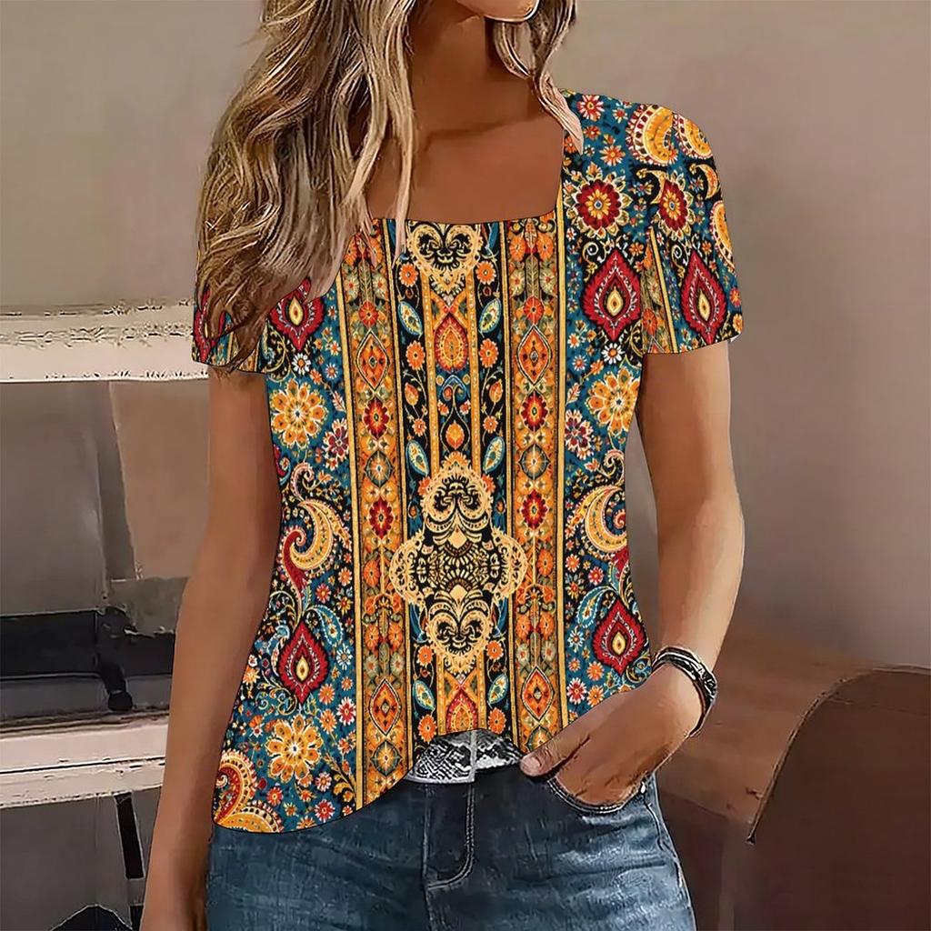 Women Plus Size U Neck Short Sleeve Printed T Shirt Geometric Pattern Navy Blue Curved Hem