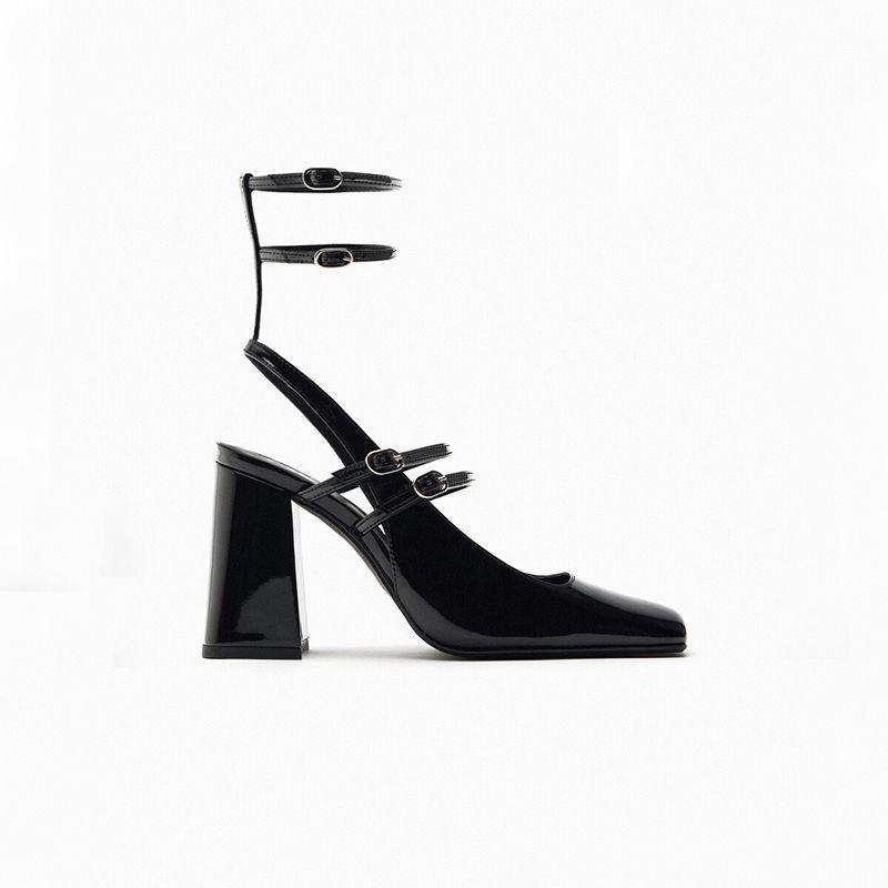 2025 spring new product black ankle strap patent leather thick heel bag head sandals square head single shoes women's Mary Jane high heels