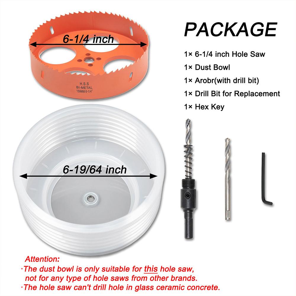 Hole Saw, Dust Bowl for Recessed Lighting 6-1/4 Inch Hole Saw Dust Catcher with Bi-Metal Wood Metal Drywall Hole Saw Cutter