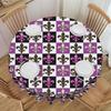 Round Waterproof Checkered Fleur De Lis Table Cover Purple Black White Tablecloth for Picnic 70 Inch Table Cloth
