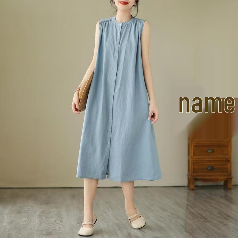 2026 New Summer Casual Sleeveless Cotton Linen Dress - Slimming, Loose Fit, Solid Color