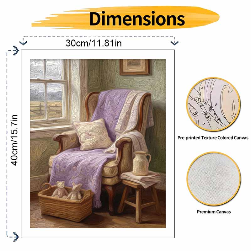 Digital painting kit oil painting cozy armchair with lavender flowers and rustic interior handmade DIY home decoration painting