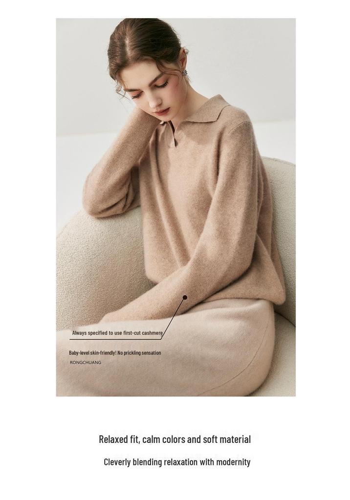 Women's High-End Cashmere Wool Polo Collar Sweater - Autumn Winter Loose Knitwear Base Layer