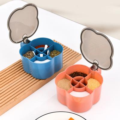 Salz- und Gewürzglas, Kunststoff, tragbares Kombinationsset, 4-Gitter-Gewürzbox, Gewürzbehälter, multifunktionale Werkzeuge, Küchenzubehör