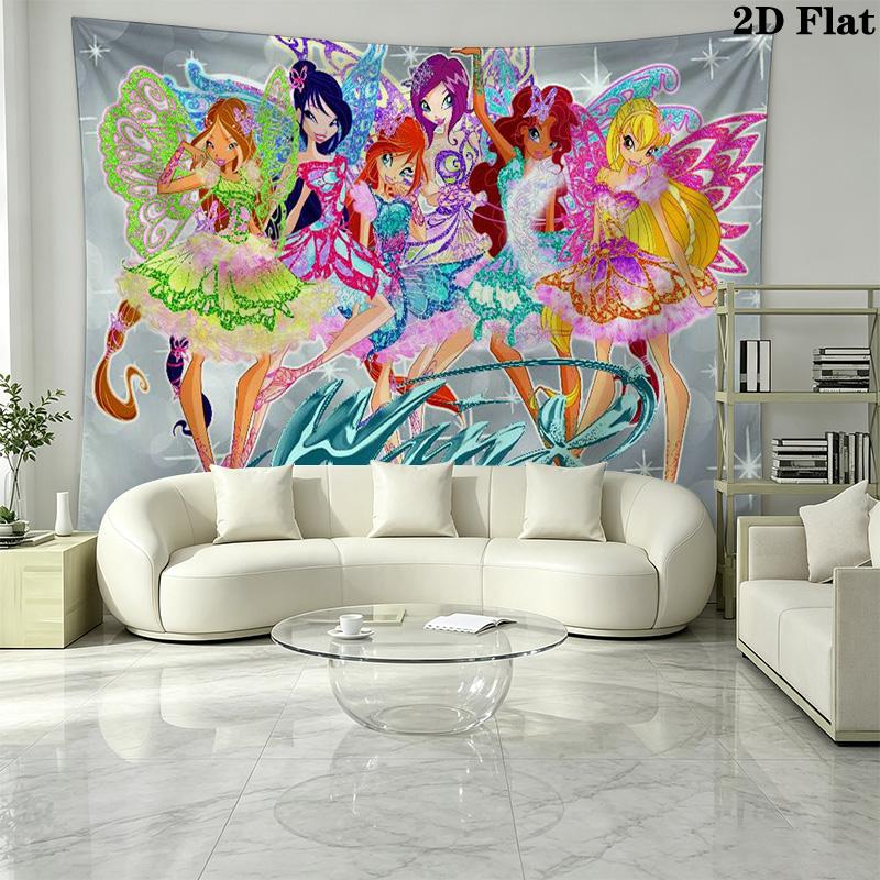 Winx Club Cartoon Wall Tapestry Aesthetic Wall Hanging Printed Fabric Blanket Decorative Tapestries for Bedroom Living Room Home Decor