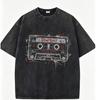 Retro Cassette Vinyl Record Print T Shirt Mens Oversized Washed Black Tee Graffiti Streetwear Casual Tops