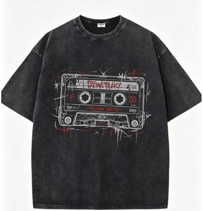 Retro Cassette Vinyl Record Print T Shirt Mens Oversized Washed Black Tee Graffiti Streetwear Casual Tops