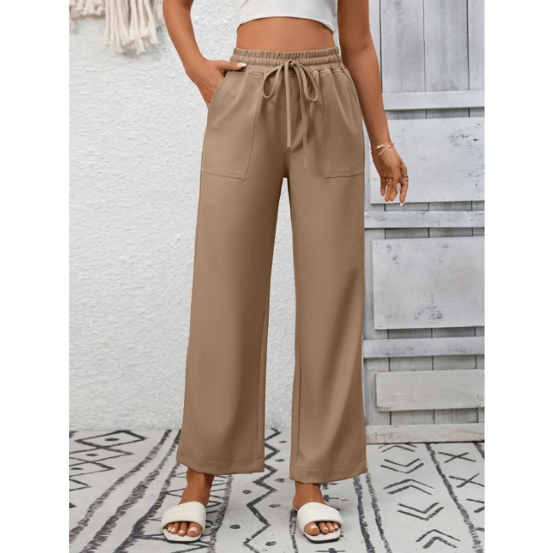 Summer New Women's Casual Drawstring Flowing Trousers Wide Leg Pants with Pockets