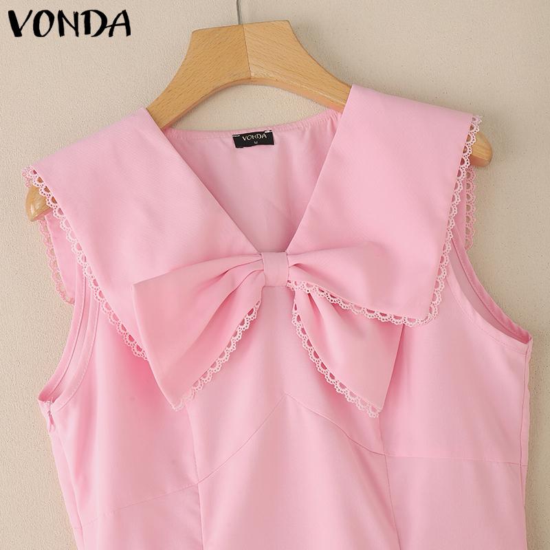 VONDA Women Sleeveless Dress Casual V Neck Bow Knot Crochet Hem Ruffled Mini Dresses