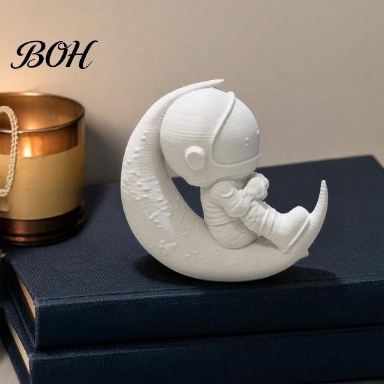 3D Printed Astronaut Figurine Moon Figurine, Sitting on Crescent Spaceman Desk Ornament Statue, Desktop Decoration for Home Office Bookshelf