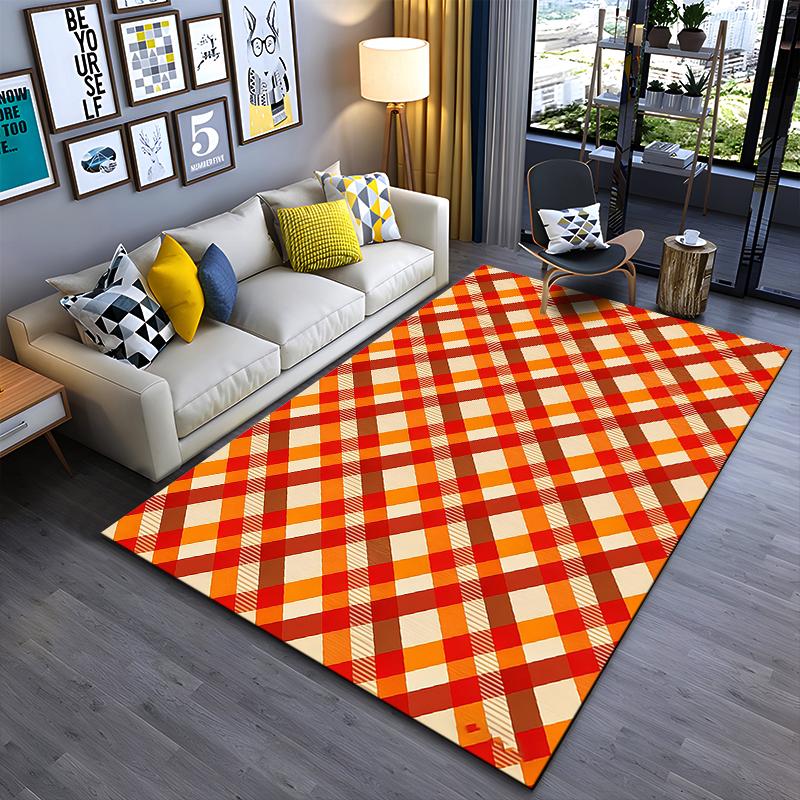 Plaid Pattern Carpet for Living Room, Red Orange and Beige Design Suitable for Use As an Anti-slip for Living Room Bedroom Sofas