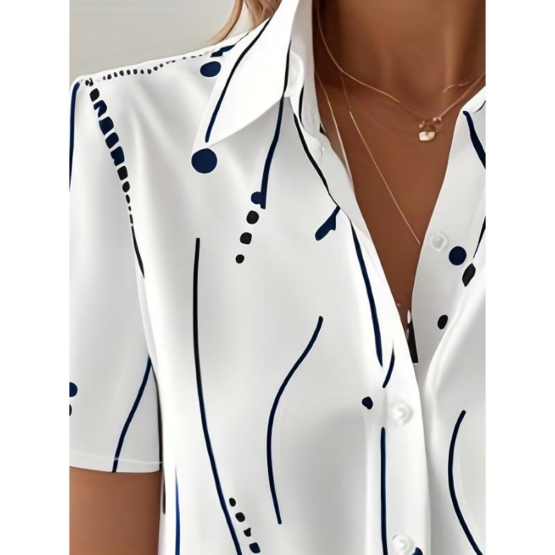 Women's Summer Striped Polka Dot Print Short Sleeve Button-Up Shirt - Elegant Lapel Collar, White Base with Blue and Black Patterns Shirt