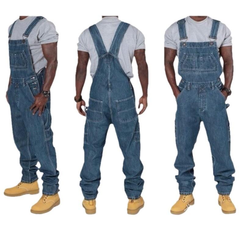 Mens Jeans Overalls Men Jumpsuit Pockets Casual Loose Long Denim Pants Straight Rompers Autumn Plus Size Punk Biker One Piece